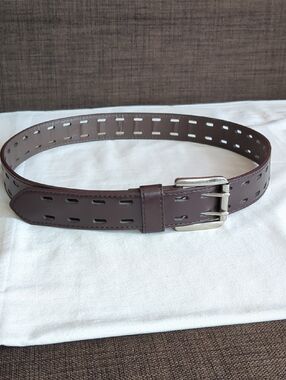 Belt Brown Leather Stitched Double-Row Perforation/Prong Metal Buckle OS Unisex